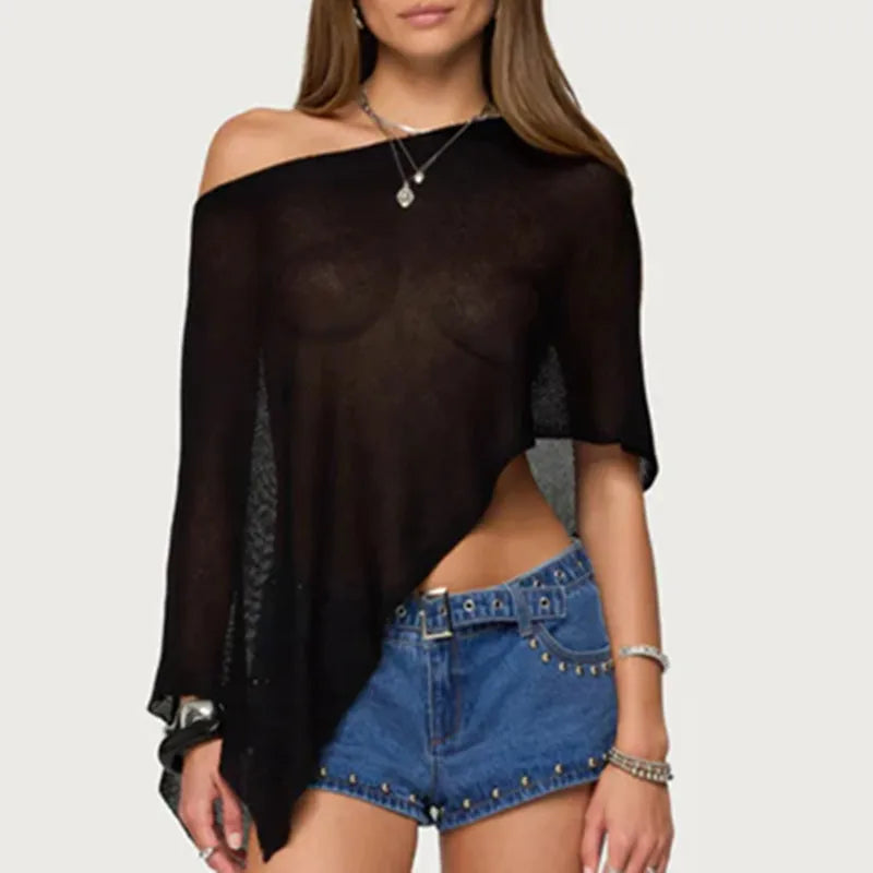 hirigin Boho Beach Vacation Pullovers Tees Summer Irregular Knitted Cover-ups Crop Tops Y2k Aesthetic Vintage Smocked T-shirt
