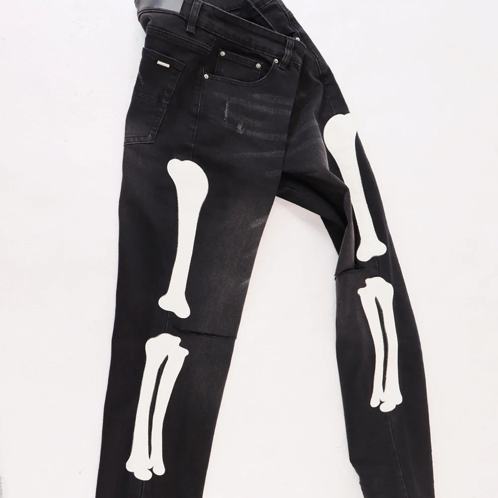 Y2k Clothes Hip-Hop Bones Embroidery Slim Fit Jeans Streetwear Ripped Rock Revivals Jeans Distressed Casual Pants Men's Clothing