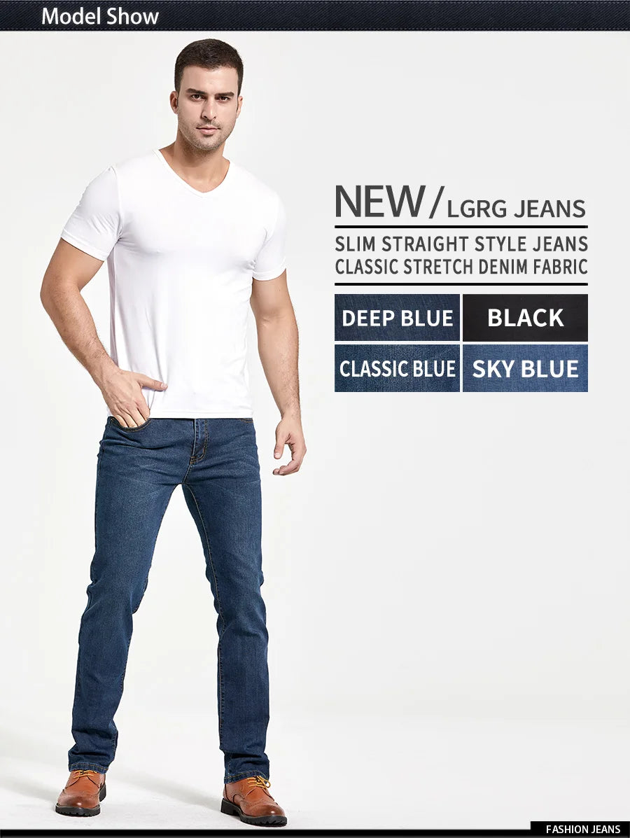 Men's Classic Slim Fit Straight Jeans Casual Stretch Denim Pants Fashion Blue Trousers