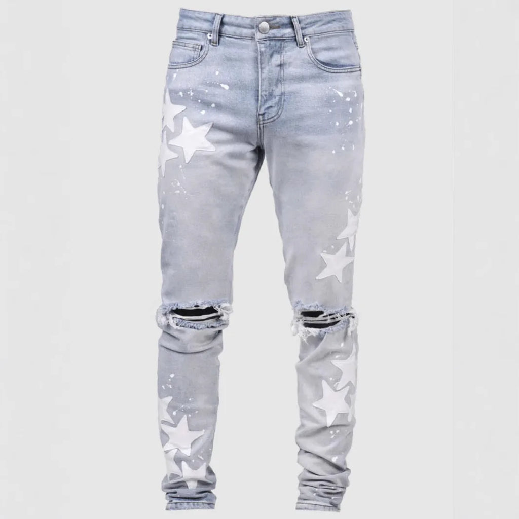Ripped Men Jeans Denim Pant Star Mid Waist Slim Fit Vintage Wash Punk Style Skinny Pencil Pants Distressed Holes Ankle Length