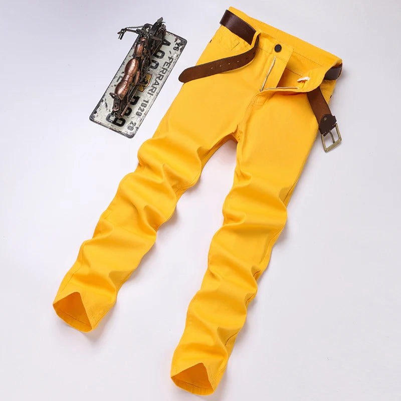New Autumn Men's Yellow Pink Red Slim Jeans Classic Straight Elasticity Denim Pants Male Brand Stretch Skinny Colorful Trousers