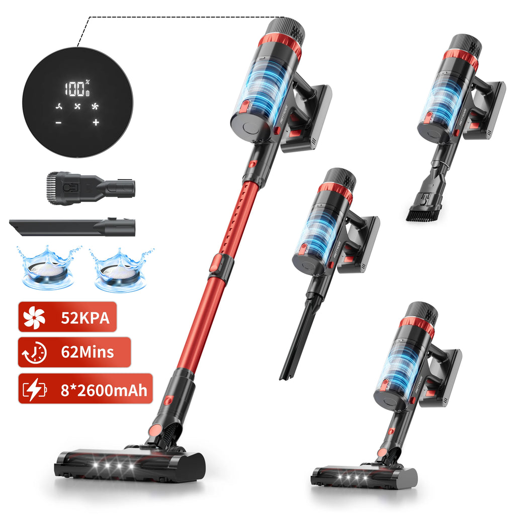 PrettyCare V900 Cordless Vacuum Cleaner 530W 52000PA Suction Power Vacuum Cleaner 62 Minutes Removable Battery Handheld Vacuum