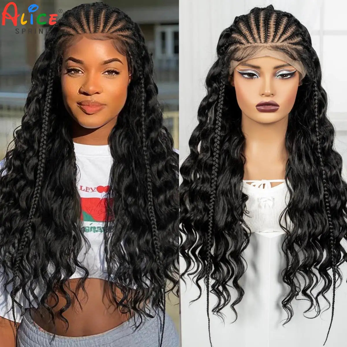28inch 13x6 Transparent Lace Front Natural Deep Wave Hair Wigs with Cornrow Braids Synthetic Curly Brazilian Hair Wig for Women