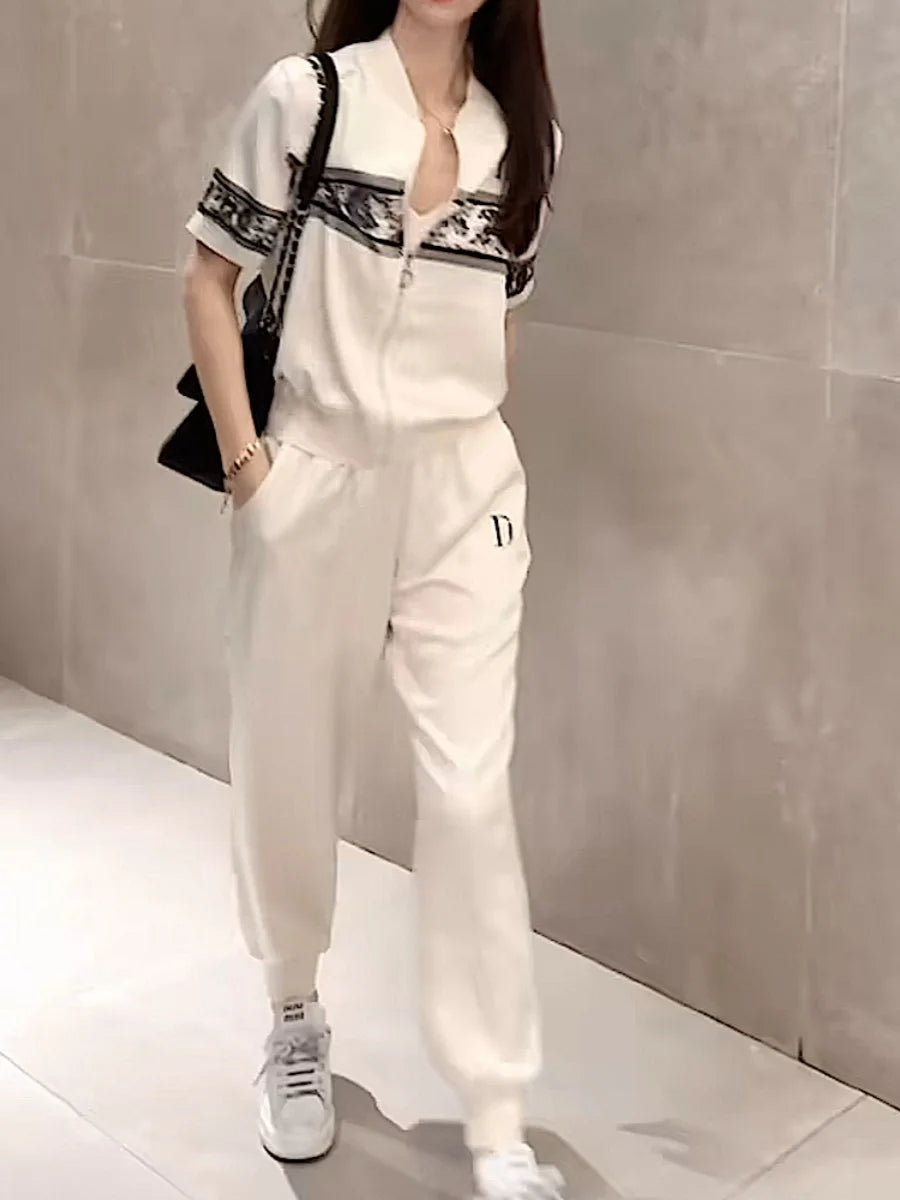 French Women Casual 2 Piece Sets Cool Ice Silk Comfortable Summer Zipper Short Sleeve Jacket Coat and Sweatpants Loose Sports