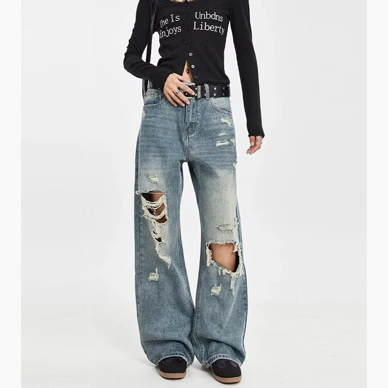 Men Ripped Straight Leg Jeans American Style Trend High Street Loose Bootcut Pants Fashion Male Simplicity Classic Blue Trousers