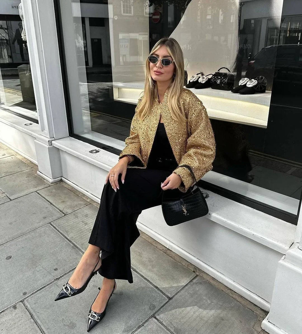 Women's Sequined Bomber Jacket Fall New Round Neck Long Sleeve Pocket Stretch Hem Sequins Jacket Coat Female Chic Outerwear