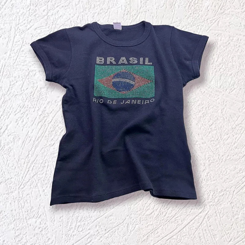 Y2k Fashion Woman Blouse 2023 Summer Women Crop Tops Brasil Rhinestone Graphic T Shirts Woman Clothing O Neck Short Sleeve New