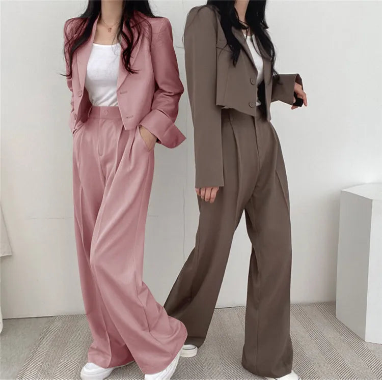 Suit Coat 2 Piece Set Women Blazer Jacket Straight Pants Ensemble Single Breasted Turn Down Collar Trousers Office Lady Outfits