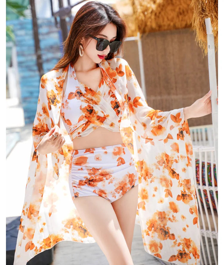 Bikini Sets Women Halter Floral Printed Three Pieces Split Swimsuit Korean Fashion Elegant Beach Style Slim Sexy Hot Girls Soft