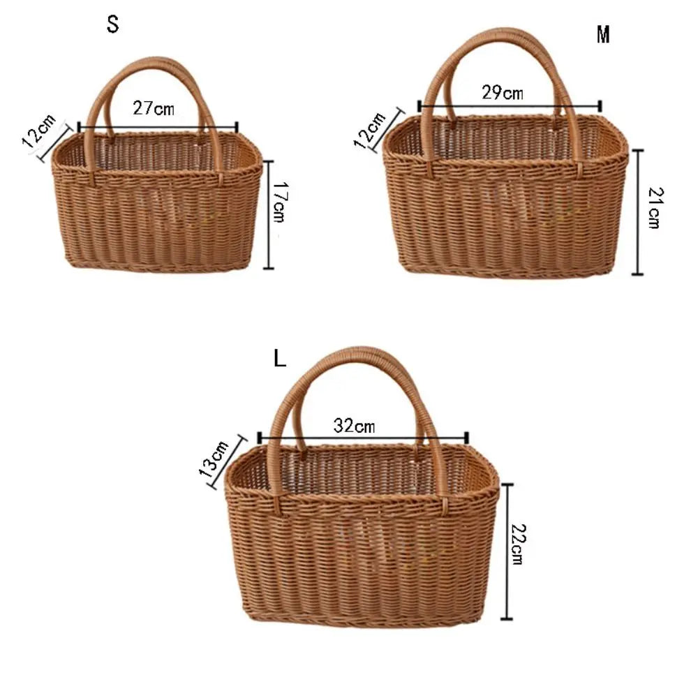 Home Storage Organizer Rattan Woven Basket With Handle Rectangular Picnic Basket Handwoven Portable Flower Basket Fruit