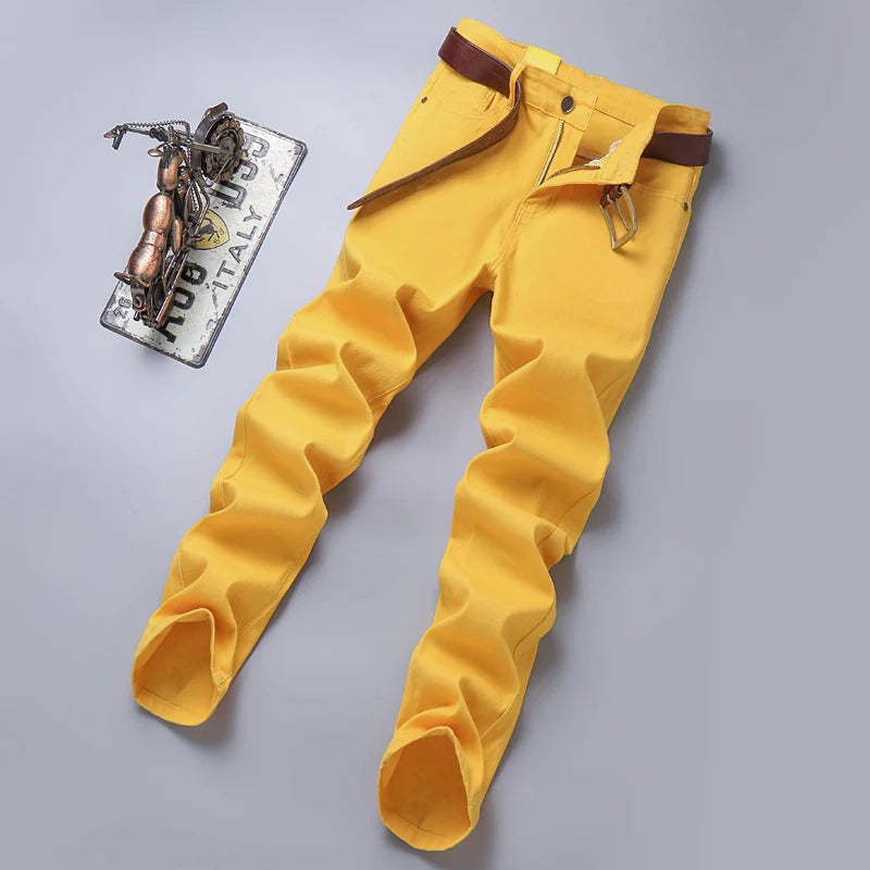 New Autumn Men's Yellow Pink Red Slim Jeans Classic Straight Elasticity Denim Pants Male Brand Stretch Skinny Colorful Trousers
