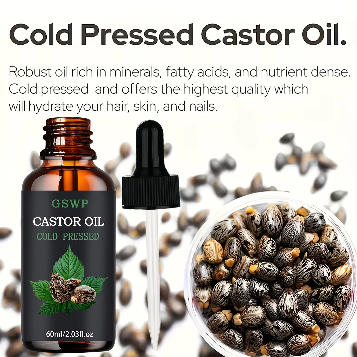 GSWP castor oil is suitable for facial skincare, body massage, hair care, hand moisturizing, and aromatherapy diffuser use.60ml