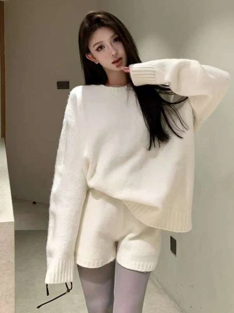 Women Oversized Grey Knit Co-ord Set Autumn Winter Soft Loungewear Minimalist Relaxed Fit Sweater & Shorts 2PCS Outfit Suit