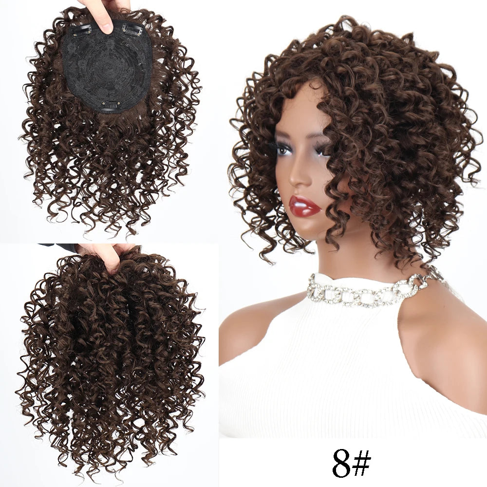 Synthetic Short Afro Curly Hair Toppers Brown Blonde Mixed Color Hair Toupee Hair Piece For Women and Men Increase Hair Volume
