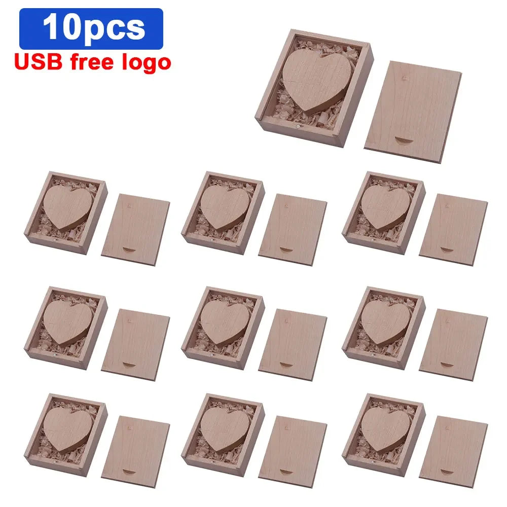 10pcs/lot Free Logo maple Wooden Heart USB + BOX USB Flash Drive Pendrive 64GB 32GB 16GB 8GB U Disk Photography Wedding Gifts