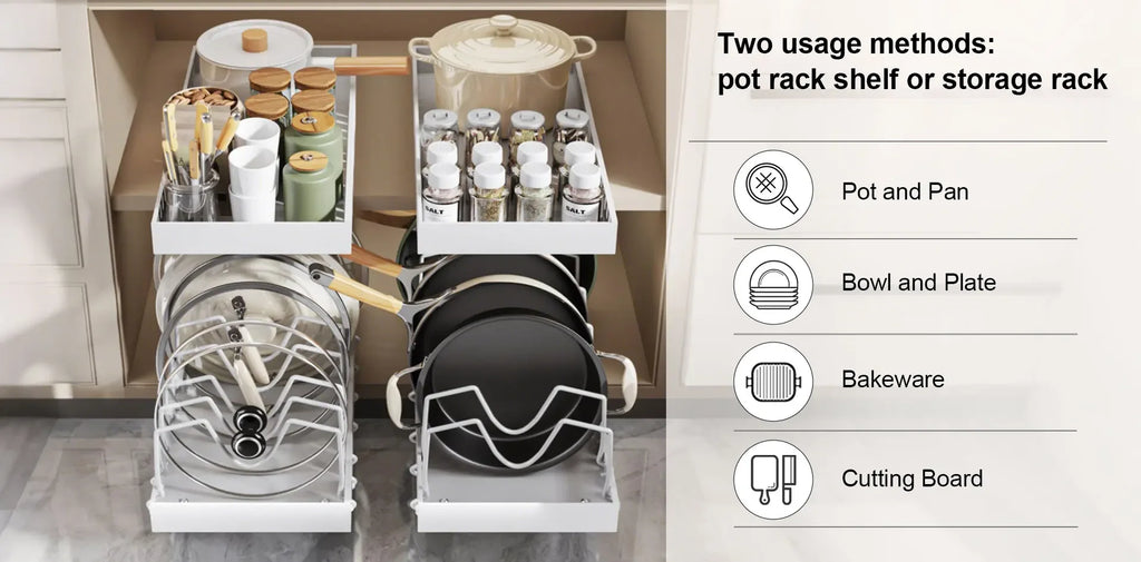 Kitchen Multifunctional Organizer - Pull-Out for Pots/Pans, Sliding Lid Holder, Spice Rack & Dish Drying Racks Drawer Organizer