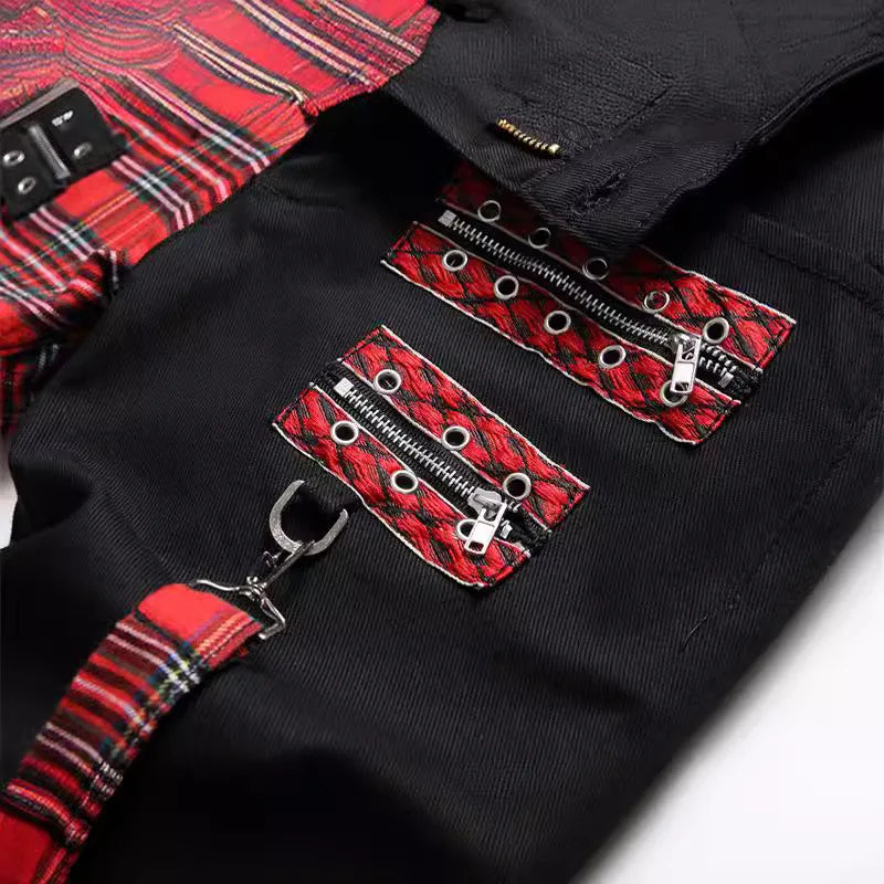 Jeans Men New Suspender Color Blocking Slim Fit Hip-hop Personality Funny Design for Men's Denim