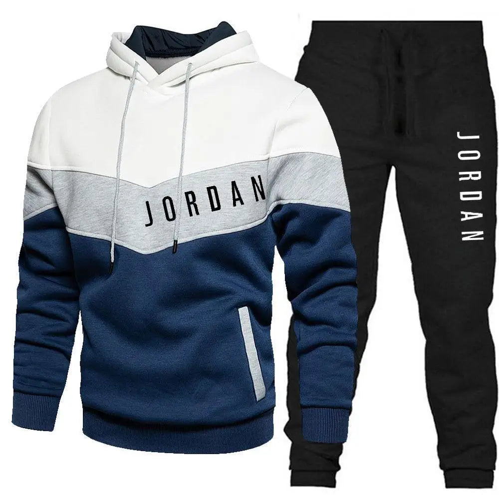 New autumn and winter patchwork hooded sweatshirt set for men, fleece sweatshirt + casual pants fitness two-piece set