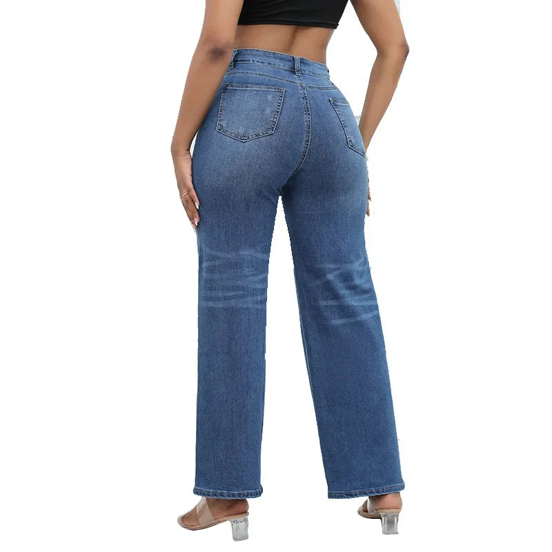 Women'S Ripped Boyfriend Jeans Draping Straight Leg Jeans Korea Ladies Stretch Hole Denim Trousers Button Pocket High Waist Pant