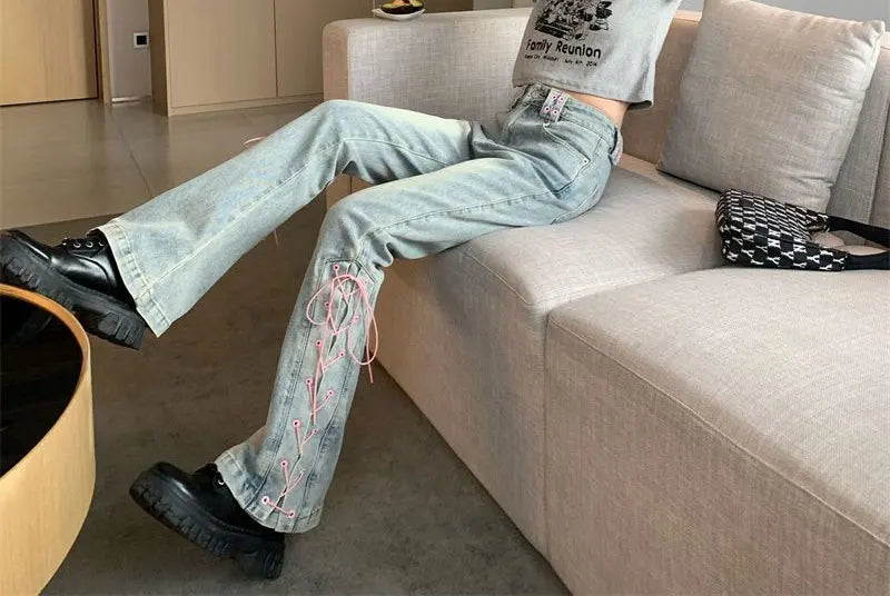 Y2k Pink Fashionable Lace-up Flared Jeans Autumn New High Waist Bootcut Denim Pants Female Clothing Korean Slim Vintage Trousers