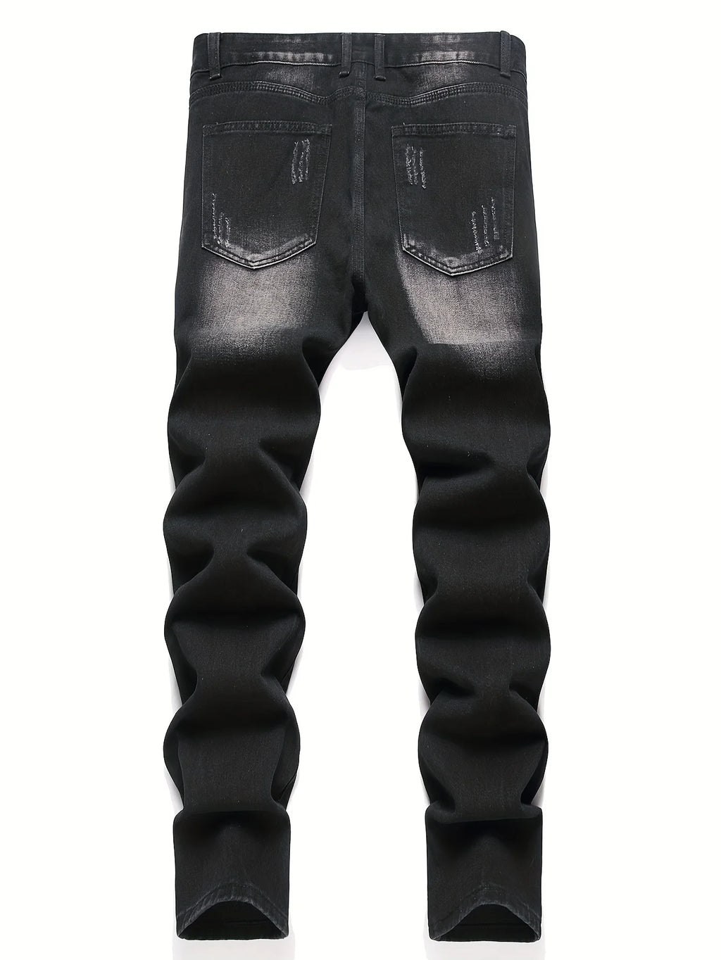 Men’s trendy streetwear: black ripped straight-leg jeans – an excellent gift for husbands or boyfriends.