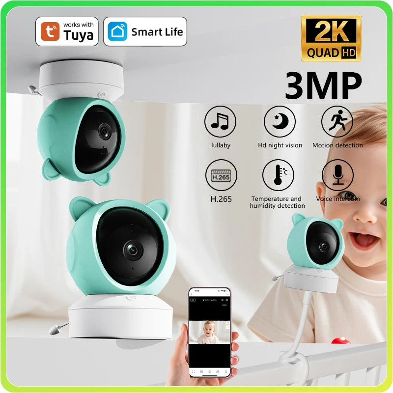 Baby Monitor 3MP Tuya Intelligent Gimbal 355 ° Pet Monitoring 2K Camera with Infrared Night Vision Cry Detection support WIFI