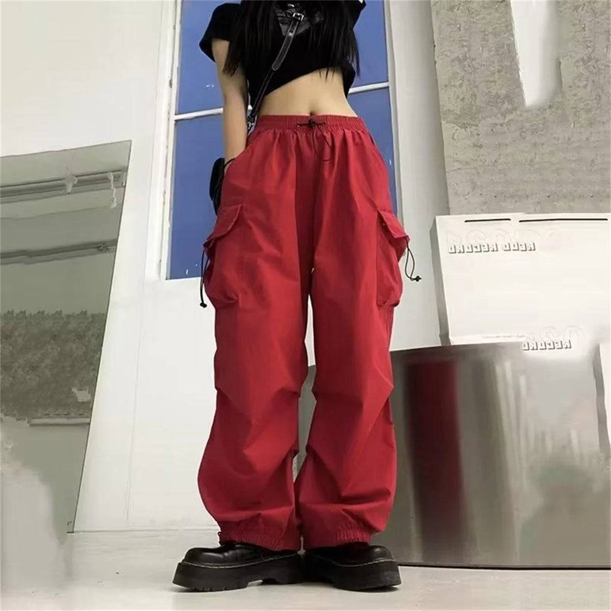 Red Big Pockets Cargo Pants Women High Waist Loose Streetwear Baggy Tactical Trouser Fashion Hip Hop Joggers Trousers Female