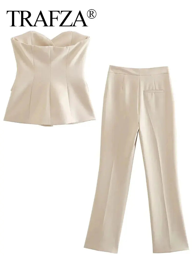 HH Pant Sets For Women Fashion Beige Single Breasted Strapless Slim Tank Top Vest High Waist Straight Pants Office Lady Suit