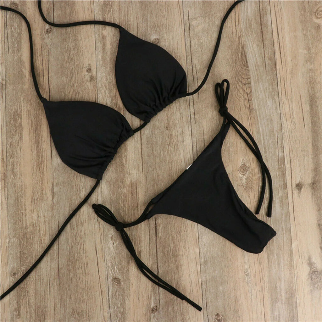 Sexy Women Bikini Lingerie Set Side Tie Swimsuit T--back Low Rise Thong Bandage Style Brazilian Swimwear Soft Solid Underwear
