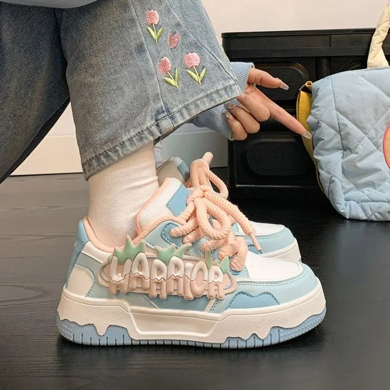 2025 Sweet Platform Shoes Chunky Sneakers for Women Faux Leather Aesthetic Shoes Alphabet Elements Thick Trainers Blue Sneakers