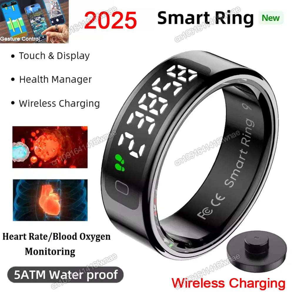 New Smart Ring Touch Screen Health Manager Heart Rate/Blood Oxygen Monitor Wireless Charging IP68 5ATM Waterproof for Universal