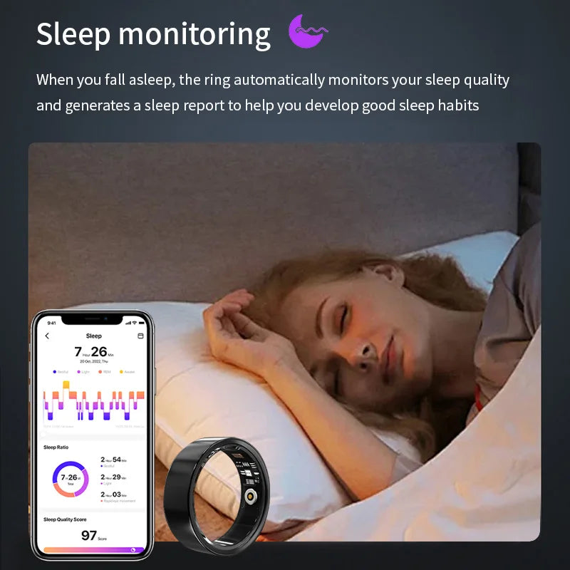 Smart Ring Heart Rate Health Monitor with Oxygen Sleep Blood Pressure Tracking Waterproof Multi-Sport Gesture Control