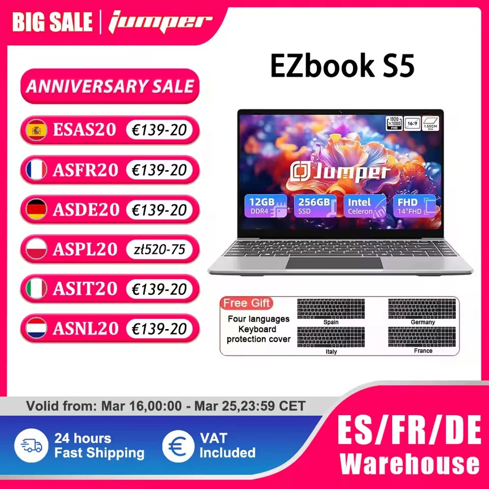 Jumper EZbook S5 Laptop 14 Inch, 12GB RAM 256GB SSD, Processor Intel Celeron J4105 Notebook, Two Speaker, Type-C, Mini HDMI