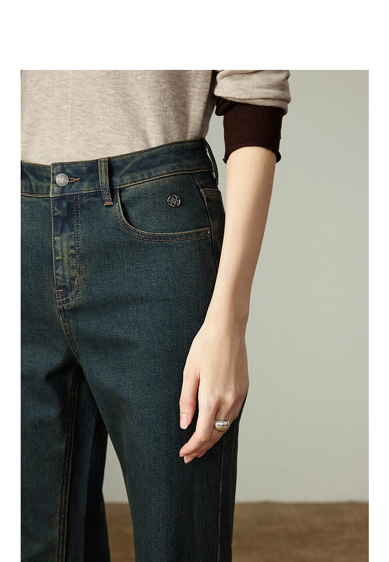 TOYOUTH Women Stretch Jeans 2025 Winter New Slightly Flared Mid-low Waist Slim Fitting Slimming Warm Fleece-lined Long Pants