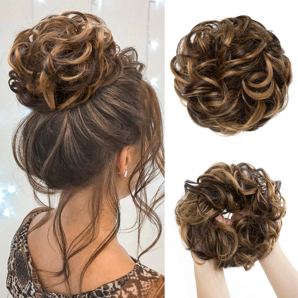 Synthetic Messy Updo Chignon Premium Big Curly Elastic Hair Scrunchies Hairpieces Donut Updo Blonde Brown Hair Pieces For Women