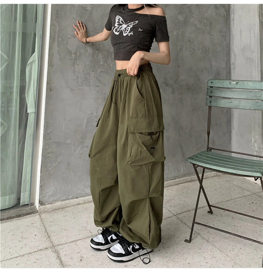 Red Big Pockets Cargo Pants Women High Waist Loose Streetwear Baggy Tactical Trouser Fashion Hip Hop Joggers Trousers Female
