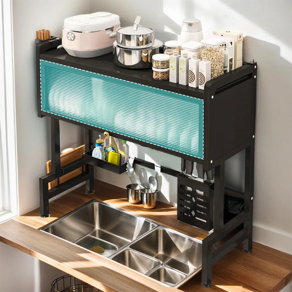 Kitchen Drain Shelf 3-Tier Multi-Functional Kitchen Storage Rack Kitchen Sink Organizer Large Over The Sink Dish Rack with Cover