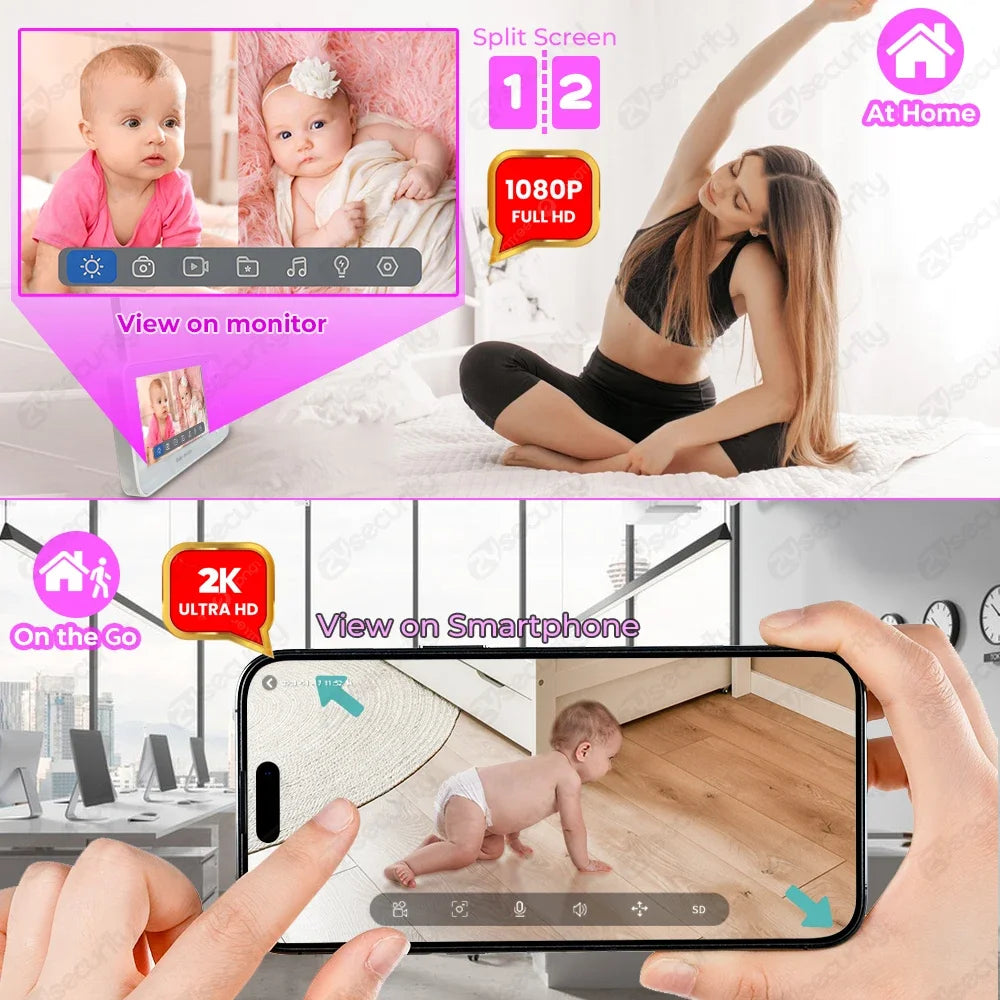 2K 3MP WiFi Baby Monitor with Two Camera Split-Screen Baby Phone via APP Control & 4.3" IPS Screen Auto Tracking PTZ Baby Camera