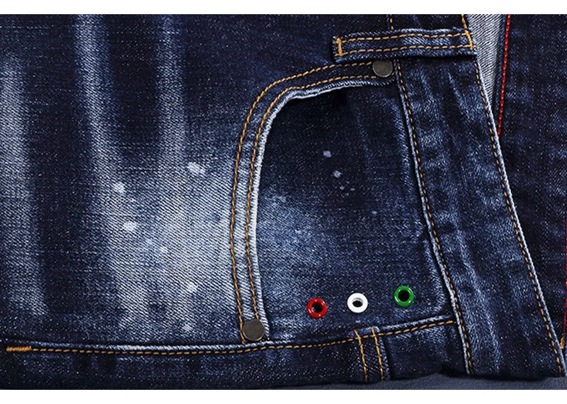 Designer Fashion Men Jeans High Quality Retro Blue Stretch Slim Fit Painted Ripped Jeans Men Brand Vintage Denim Pants Hombre