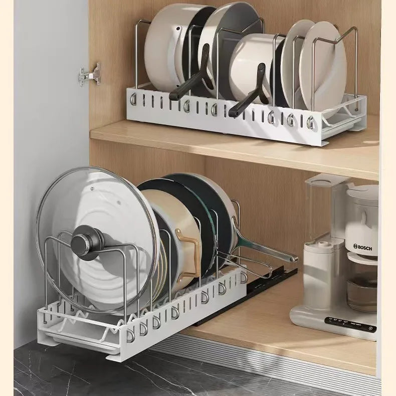 Kitchen Multifunctional Organizer - Pull-Out for Pots/Pans, Sliding Lid Holder, Spice Rack & Dish Drying Racks Drawer Organizer