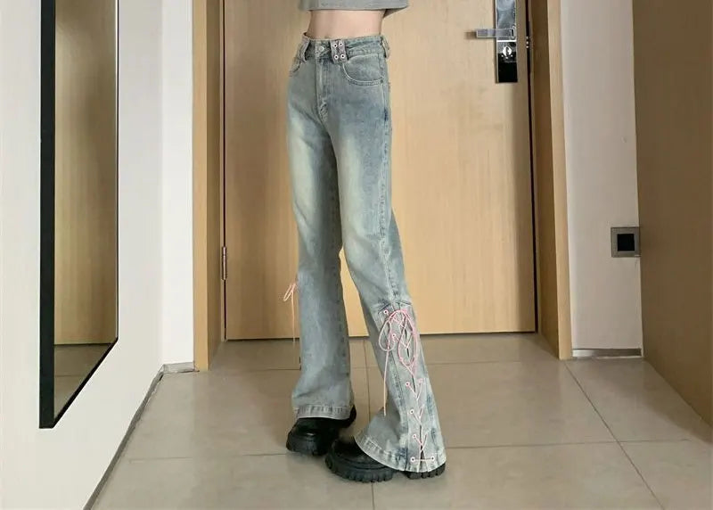 Y2k Pink Fashionable Lace-up Flared Jeans Autumn New High Waist Bootcut Denim Pants Female Clothing Korean Slim Vintage Trousers