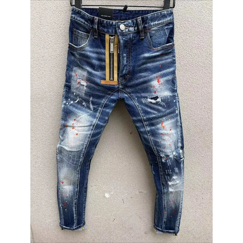 Men Black Ripped Denim Jeans Italian High Street Style Holes Jeans Denim Pants High Quality Male Slim Fit Denim Trousers Size 38