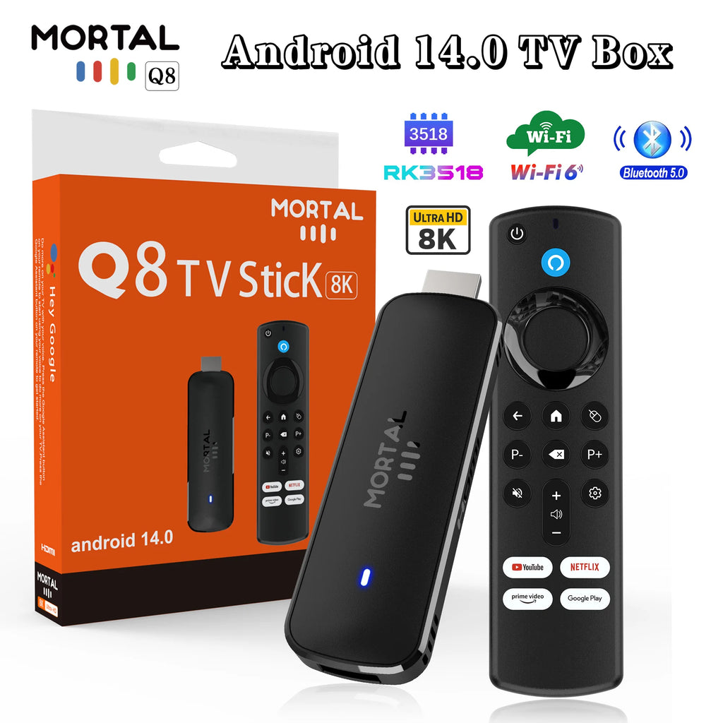 Q8 Smart Android14 TV Stick 8K@60fps WiFi 6 Voice Remote Global Version Rockchip RK3518 Netflix YouTube Live TV Box Factory Dire
