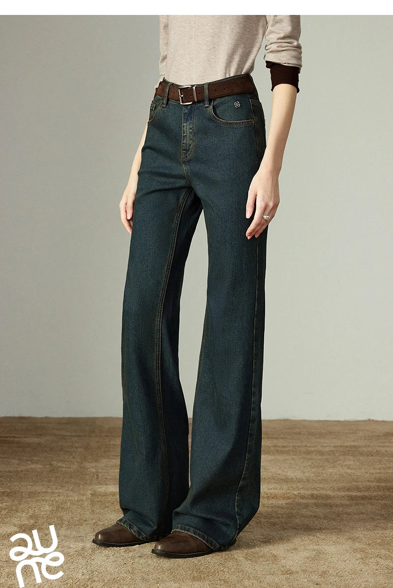 TOYOUTH Women Stretch Jeans 2025 Winter New Slightly Flared Mid-low Waist Slim Fitting Slimming Warm Fleece-lined Long Pants