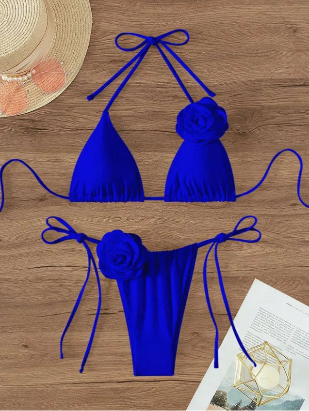 Sexy Bikini Set Women Swimsuit Black White 3D Floral Print Micro Bikinis Brazilian Cutout Beach Bathing Suit Thong Swimwear