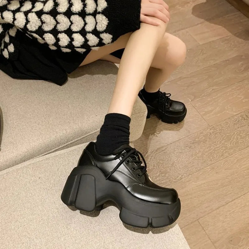 Platform Wedge Sneakers Chunky Shoes PU Leather Women Black Shoes 2025 Spring Autumn Walking Sneakers Fashion Women Tennis Shoes