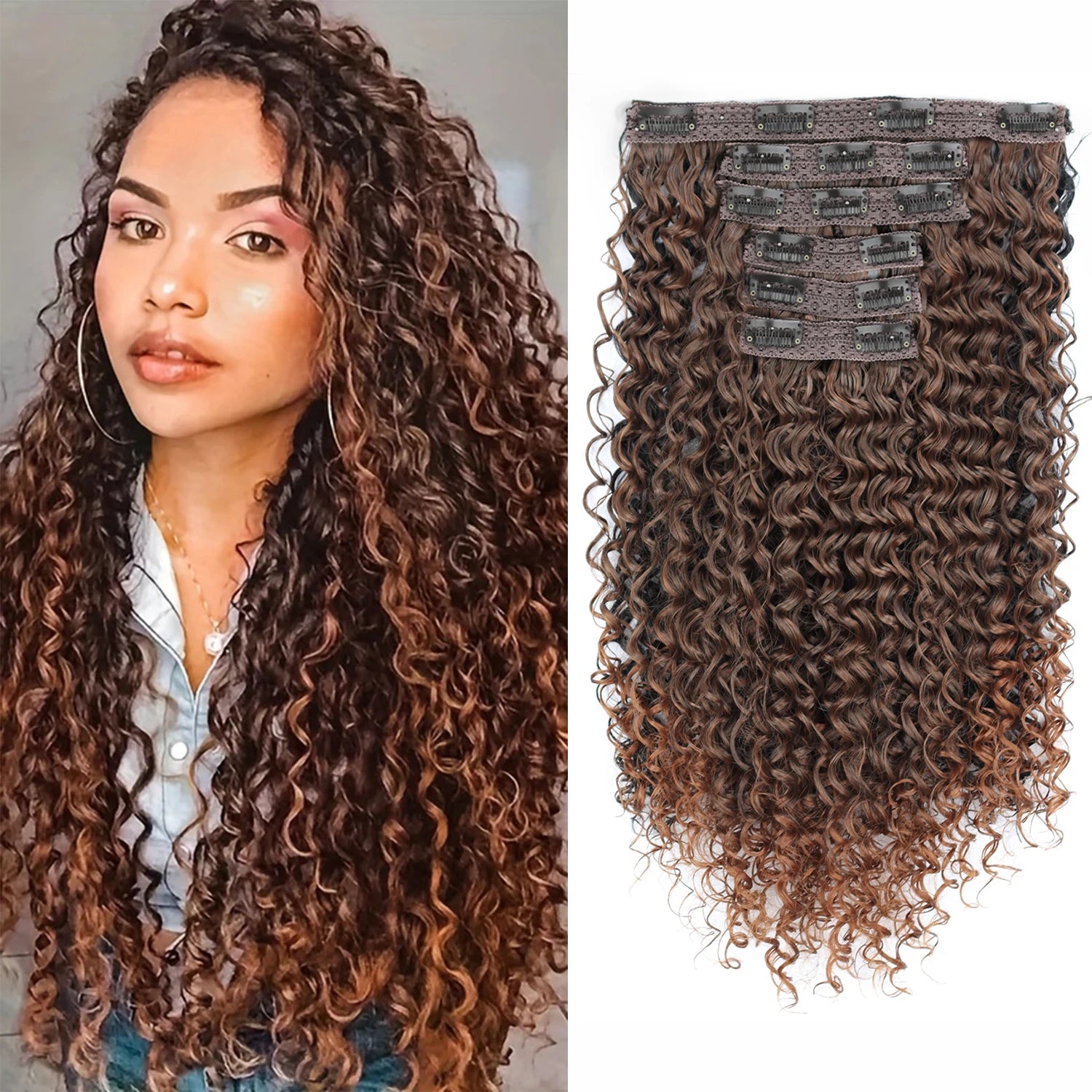 Synthetic Kinky Curly 16 Clip In Hair Extensions Full Head Fake Pieces Black Brown Hair Extensions Suitable For Women To Wear