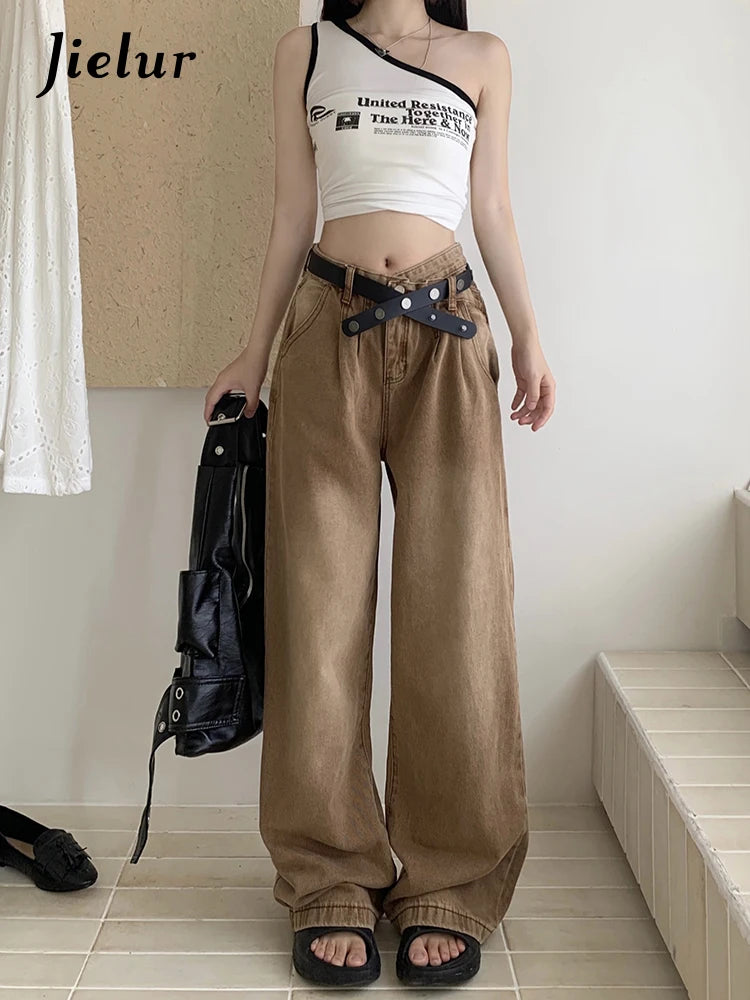New Solid Color Slim Belt Women Jeans Simple Basic Dark Brown Straight Pants Chicly Fashion Street Casual Loose Woman Jeans