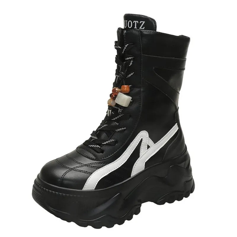 NEW Luxury Chunky Platform White Motorcycle Boots Women Lace Up Thick Bottom Ankle Boots Woman Autumn Fashion Vulcanized Shoes
