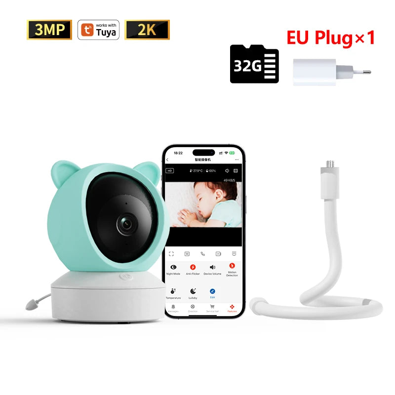 Baby Monitor 3MP Tuya Intelligent Gimbal 355 ° Pet Monitoring 2K Camera with Infrared Night Vision Cry Detection support WIFI
